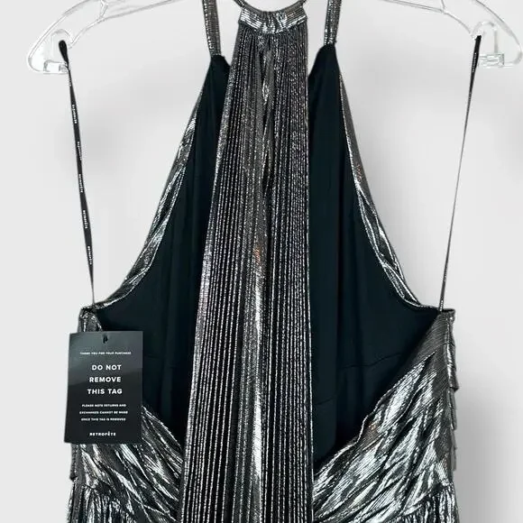 $798 Retrofete Reiss Dress Silver Lame Pleated Halter Cape Designer Dress XL